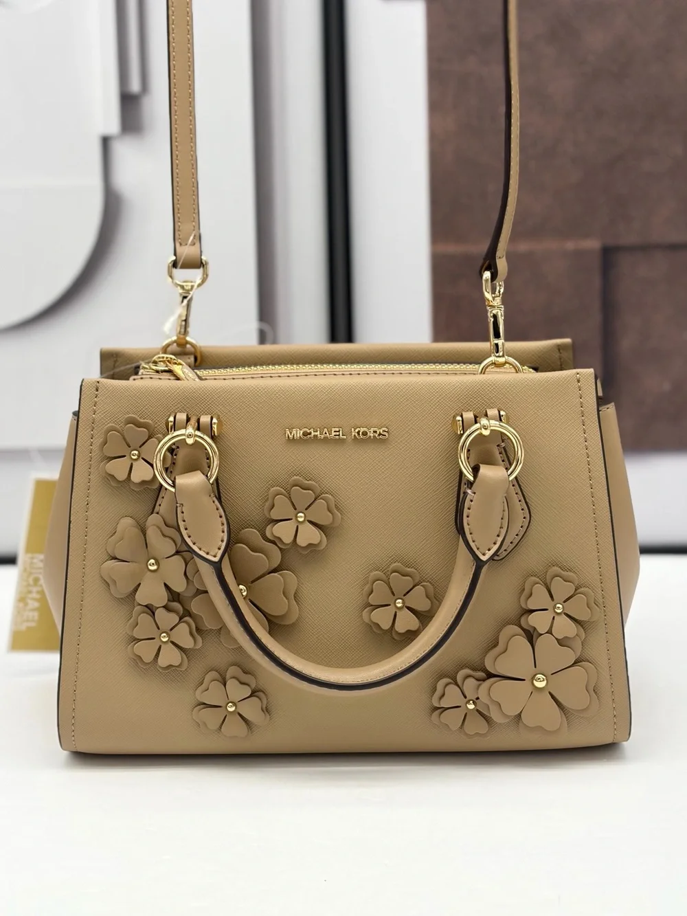 MICHAEL KORS Marilyn Small Floral Embellished Satchel Crossbody Bag Camel NWT